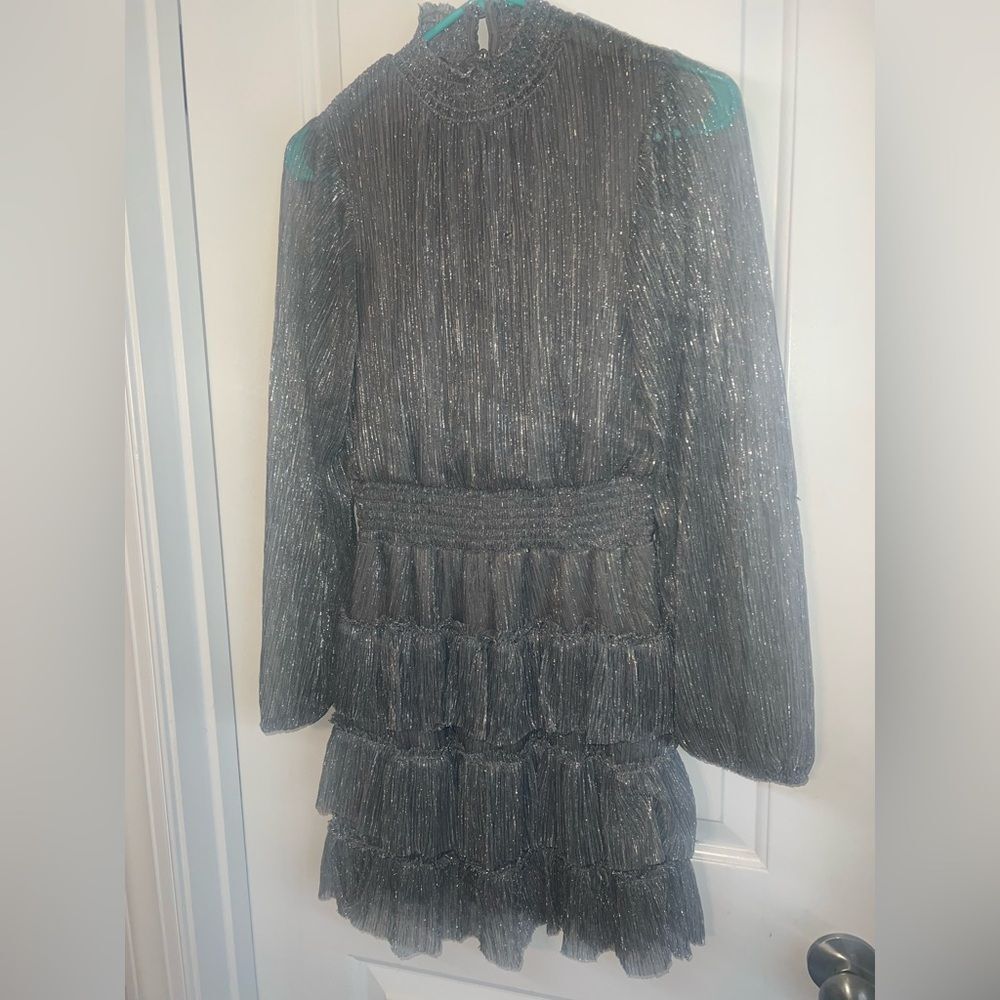 1 State Metallic Smocked Dress Mock Neck Tiered Ruffle Dress | small